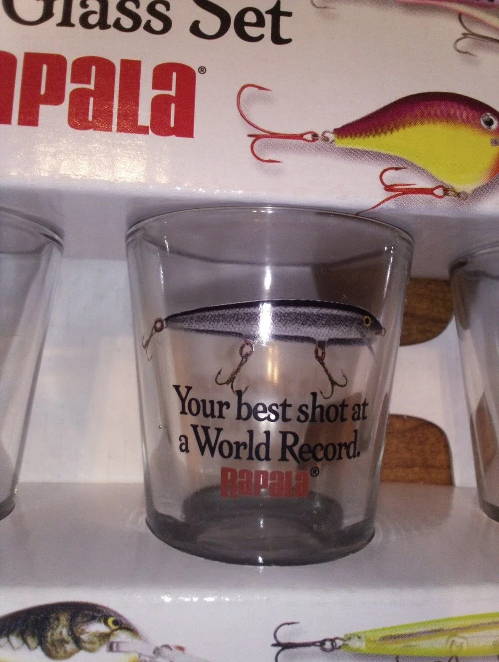 Rapala Shot Glass Set Of 4 Decorative Fishing Lure Design 2008 Clear Glass NIP